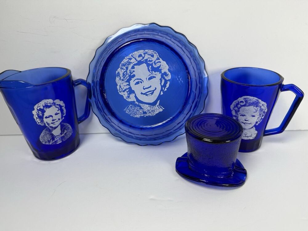 Shirley Temple 1930s Cobalt Blue Glass Bowl, Cup, Pitcher Glass Plus Top Hat VTG